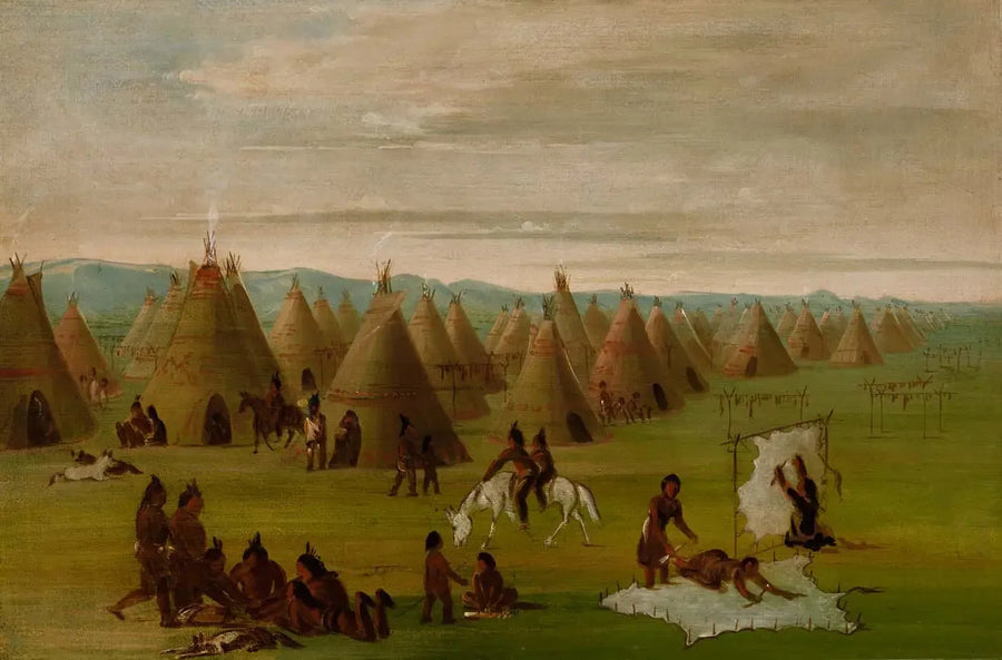 Pueblo comanche, mujeres preparando sus vestidos y secando la carne - George Catlin