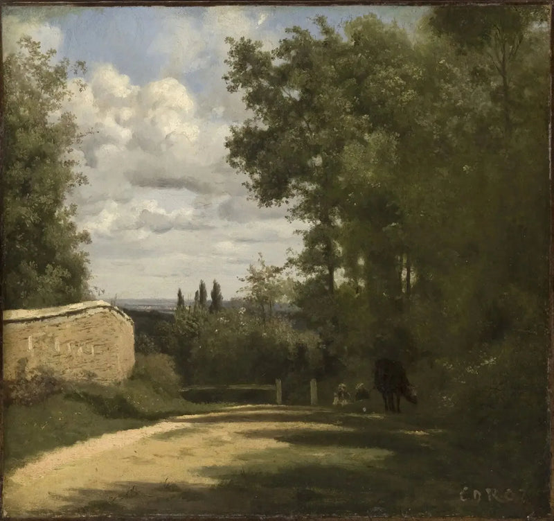 Ville d'Avray, camino bordeado por un muro que conduce a los estanques - Jean-Baptiste Camille Corot
