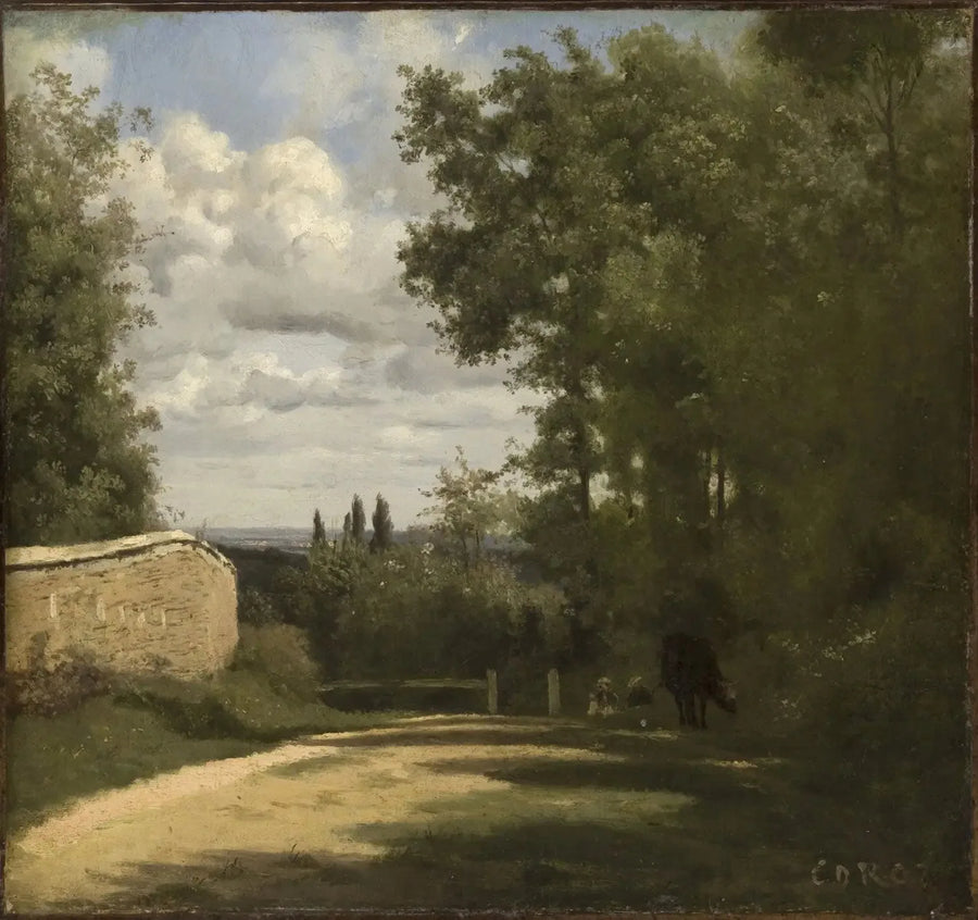 Ville d'Avray, camino bordeado por un muro que conduce a los estanques - Jean-Baptiste Camille Corot
