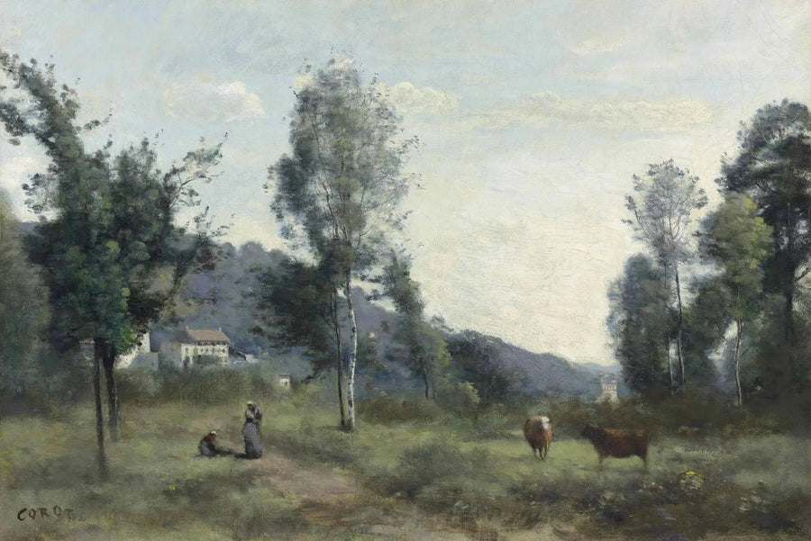 Ville d'Avray, pradera con, al fondo, una colina en la niebla - Jean-Baptiste Camille Corot