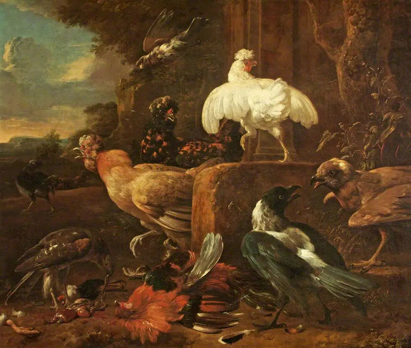 Aves de presa atacando a un ave de corral en un paisaje - Melchior de Hondecoeter