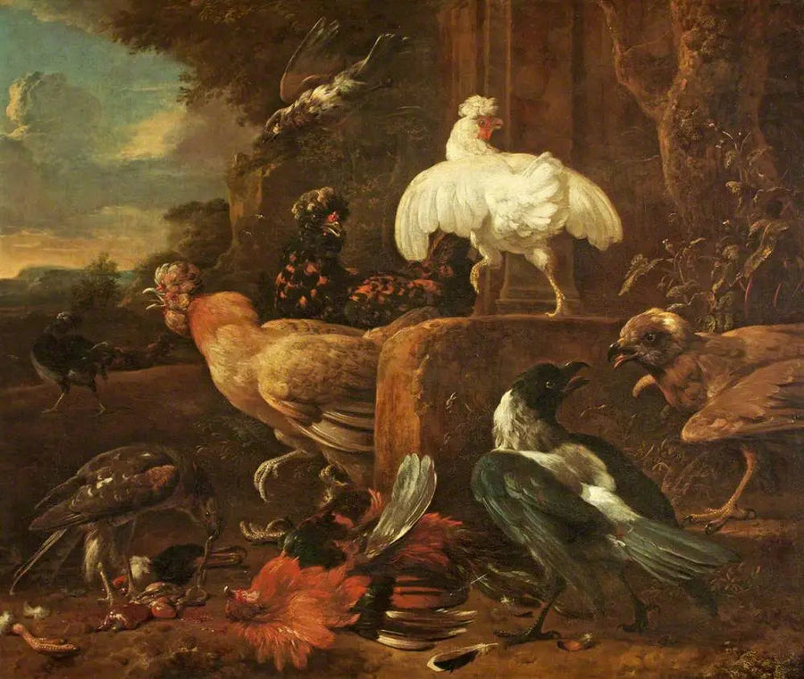 Aves de presa atacando a un ave de corral en un paisaje - Melchior de Hondecoeter