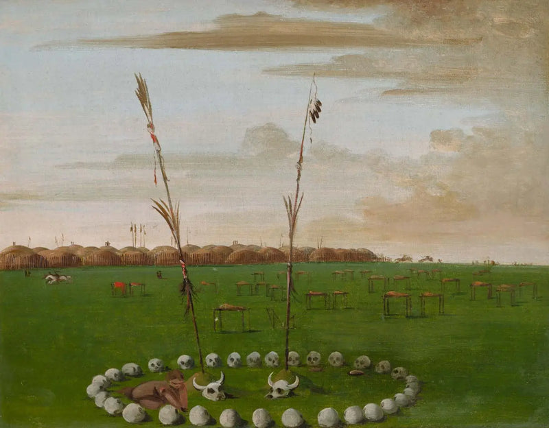 Vista trasera del pueblo de Mandan, mostrando el cementerio - George Catlin
