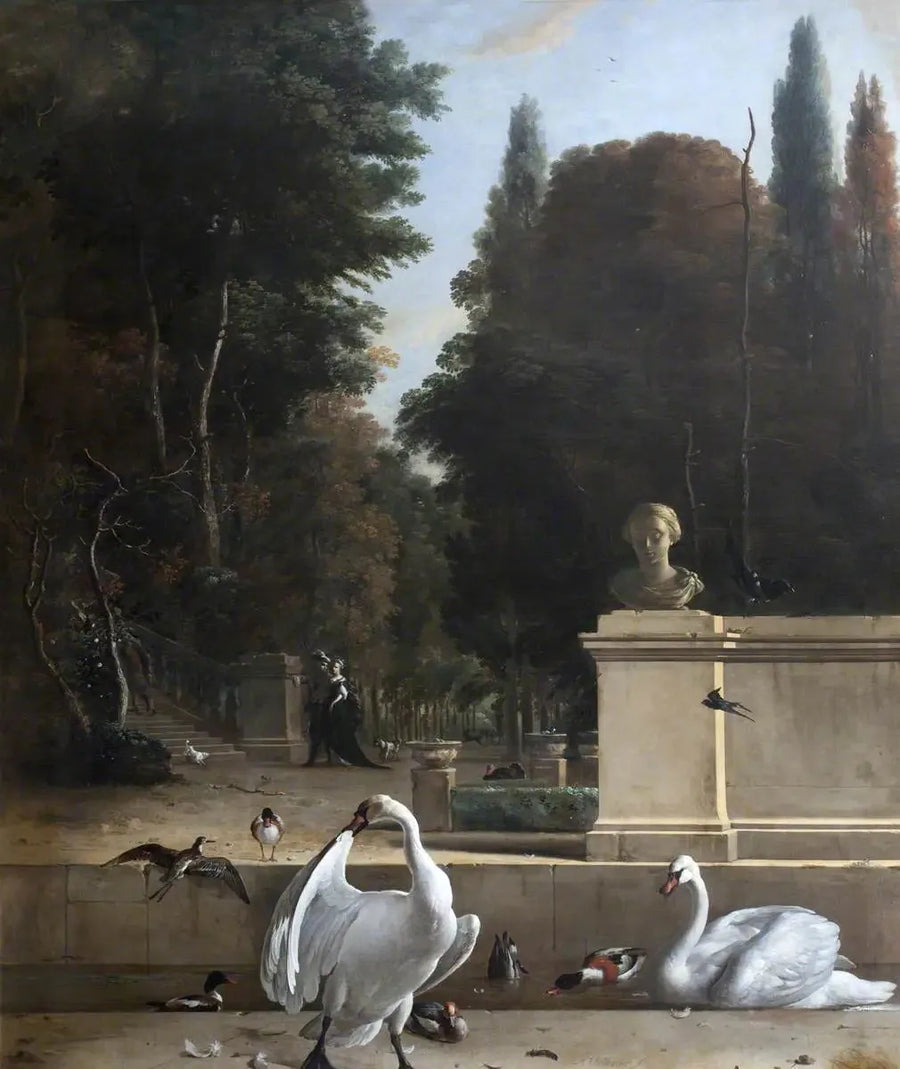 Vista de un parque con cisnes y patos - Melchior de Hondecoeter