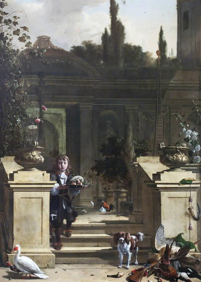 Vista de una terraza con una página descendente - Melchior de Hondecoeter