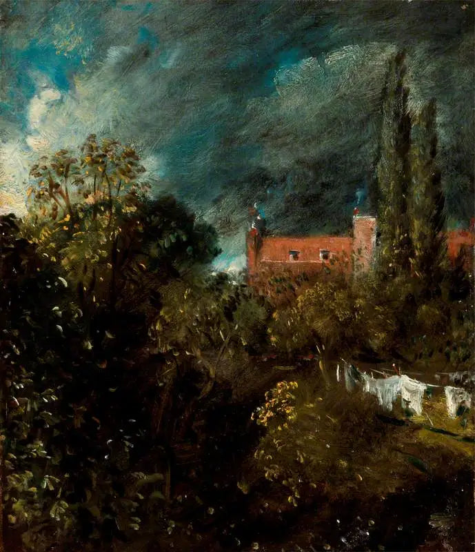 Vista en un jardín, con una casa roja al fondo - John Constable