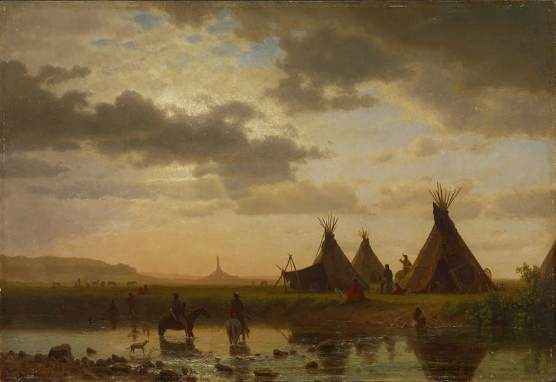 Vista de Chimney Rock, pueblo sioux de Ohalilah en primer plano - Albert Bierstadt