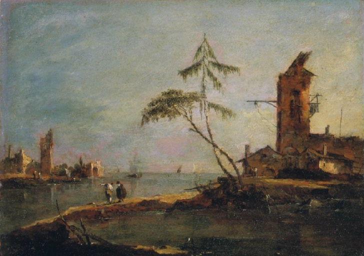 Vista de la entrada de un canal con dos torres - Francesco Guardi
