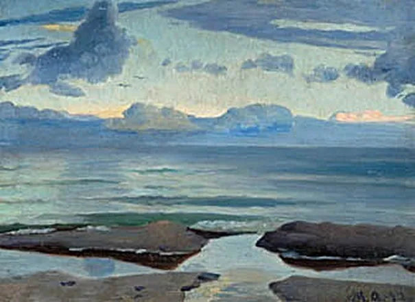 Vista de la playa de Skagen con gaviotas en el horizonte, al atardecer. - Michael Peter Ancher