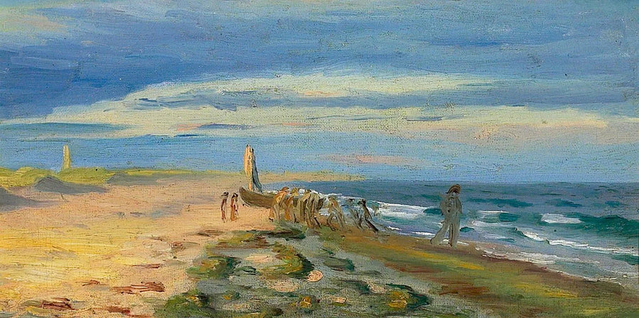 Vista de la playa de Skagen con gente a bordo de un barco. El faro de Skagen al fondo. - Michael Peter Ancher