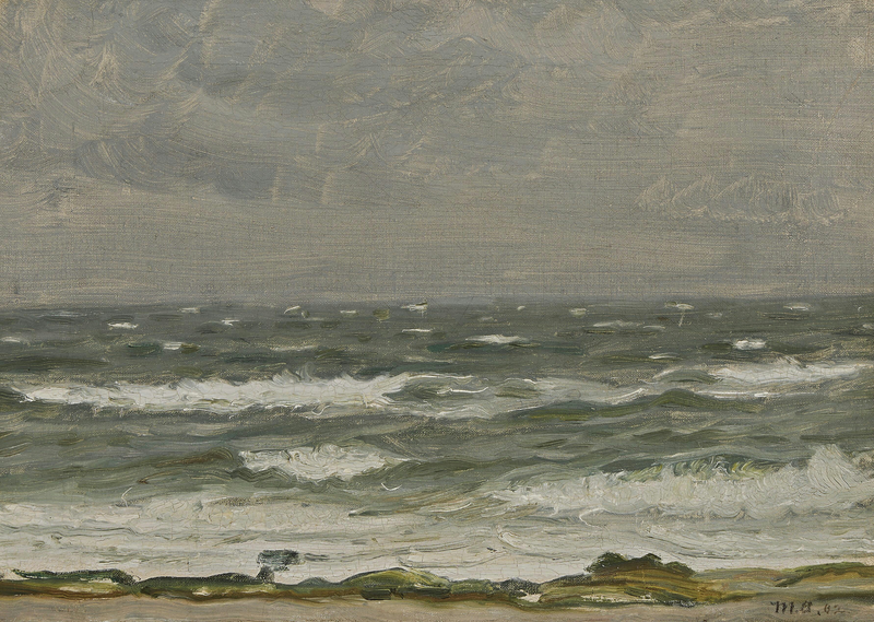Vista desde la costa hacia el mar con olas espumosas, Skagen. - Michael Peter Ancher