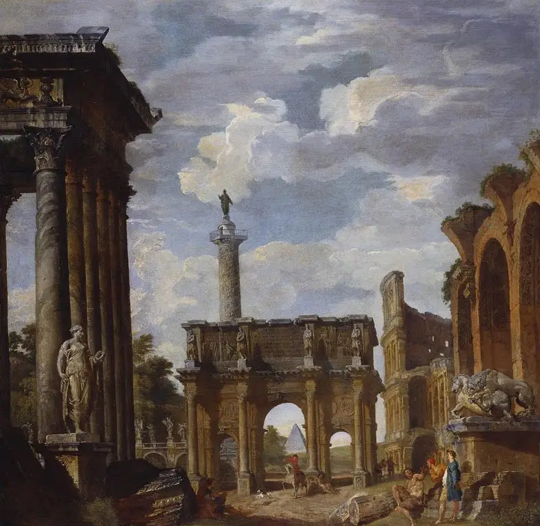 Vista del Caprice con el Arco de Constantino y otras ruinas romanas - Giovanni Paolo Panini