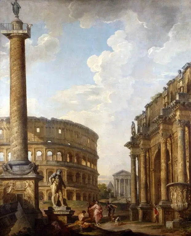Vista del Caprice con la columna Trajano y las ruinas romanas - Giovanni Paolo Panini