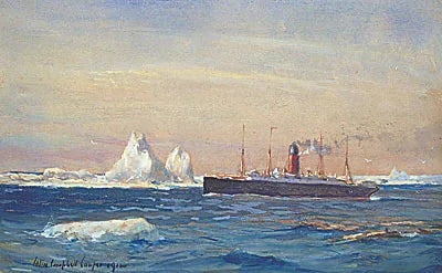 Vista del Carpathia pasando junto a icebergs después de rescatar a los supervivientes del Titanic - Colin Campbell Cooper