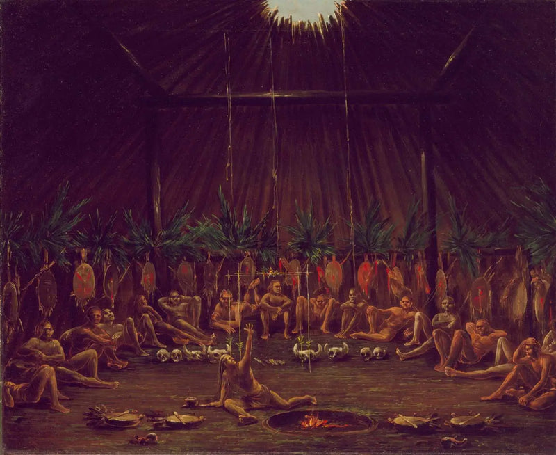 Vista interior del Medicine Lodge, ceremonia Mandan O-kee-pa - George Catlin