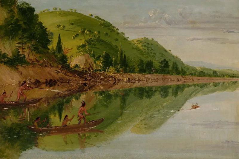 Vista del río Saint-Pierre, de los indígenas Sioux persiguiendo a un ciervo en sus canoas - George Catlin