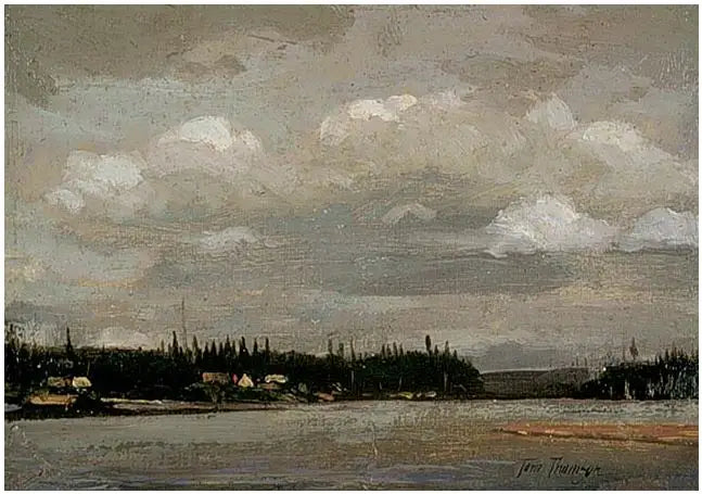 Vue sur un lac : rivage avec maisons - Tom Thomson image 1 copie peinte à la main à l’huile