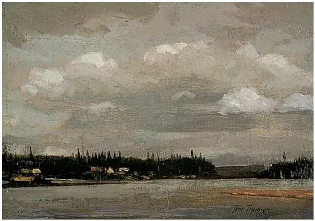 Vista de un lago: orilla con casas - Tom Thomson