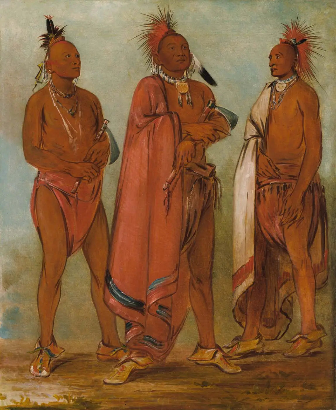 Wa-másh-ee-sheek Celui qui enlève ; Wa-chésh-uk La guerre ; Mink-chésk Trois jeunes hommes distingués - George Catlin