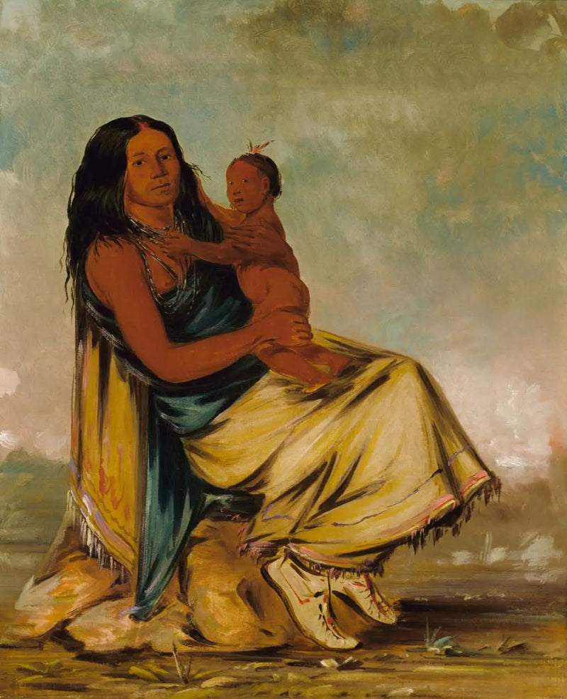 Wáh-chee-te, esposa de Clermón, y su hijo - George Catlin